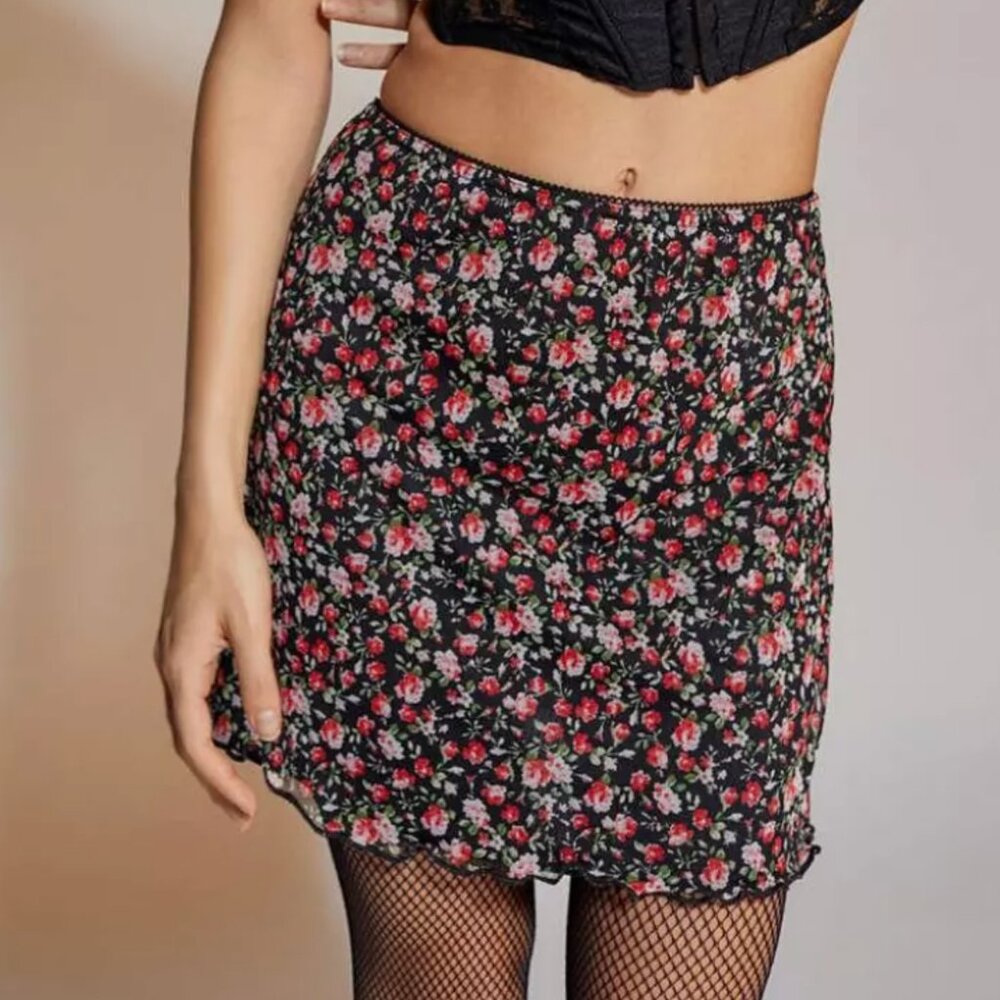 **SOLD** Urban Outfitters UO Floral Printed Mesh Mini Skirt Lettuce Hem trim